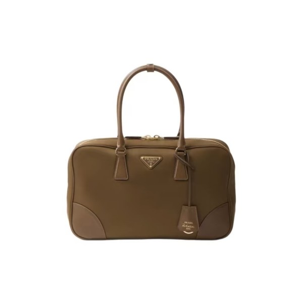 PRADA Re-Nylon zipper opening enamel metal triangular logo handbag, large women\'s style, earthen color